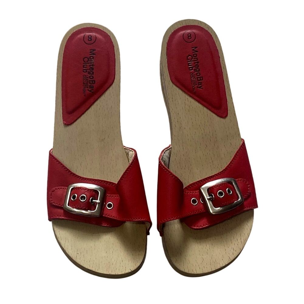 Vtg Montego Bay Club Red Leather Wood Platform Slide Sandals Buckle Y2K 90s Sz 8